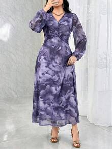 Modelyn Women's Floral Print V-Neck Lantern Sleeve Waist Twist Elegant Long Dress Holiday Light Blue Floral Autumn - Purple - View 5