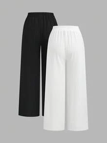 Sweetra Sommer Mode Neuer Stil Slouchy Textur Weite Beine Lange Hose, Schwarz & Weiß All-Match Vielseitig Schlankmachend Drapierte Haus Lässig Hose 2 Stücke - Verschiedenfarbig - Übersicht 2