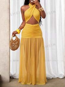 BamGleam Vestido de mujer con cuello extra largo, malla y espalda descubierta con pliegues - Amarillo - Ver 5