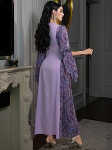 Layrah Vintage Print Colorblock Side Cinched Waist Handmade Rhinestone Embellished Arabian Dress - Purple - View 2