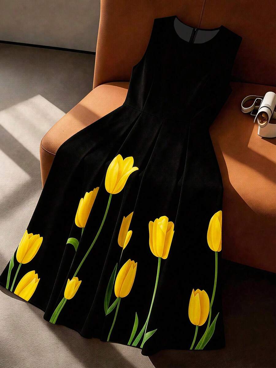 GlowEve CURVE Plus Size Elegant Floral Print Round Neck Sleeveless Dress,Black Summer Tea Party Waist Design,Versatile For Daily,Commute,Vacation,Formal - Multicolor - View 1