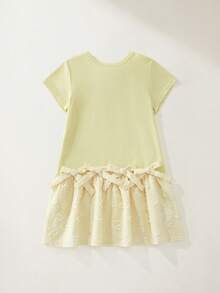 Maija Kids Maija Kids 1件兒童少女休閒舒適百搭圓領蝴蝶結裝飾休閒黃色短袖拼接洋裝，適合日常穿著、返校、旅行、派對、節日派對、春季、夏季 - 黃色 - 查看 3