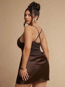 SHEIN BAE CURVE Plus Size Women's Lace Trim Sexy Date Party Spaghetti Strap Dress, Summer Outfits, Independence Day, 4th Of July, Elegant - Brown - View 2