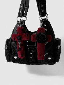 ROMWE Goth 2件組 Y2K Babes 暗黑風黑紅手工複雜玫瑰星星骷髏毛絨十字架 DIY 鑰匙圈包包吊飾，女士穿戴節日禮物組合套裝 - 黑紅色-11 - 查看 2