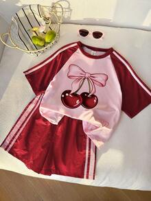Elladie kids 少女櫻桃印花插肩袖短袖T恤與短褲休閒套裝 - 紅色 - 查看 3