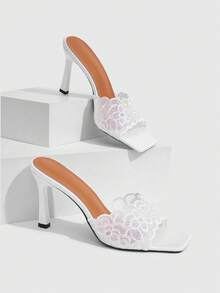 CUCCOO SZL Sexy White Square Toe Stiletto High Heels Women's Outer Wear Backless Sandals Mesh Embroidery Open-Toe Drag Summer - White - View 1