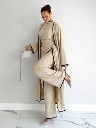 Siren Gaze Women Pleated Contrast Trim Jacket Vest And Long Pants 2 Pieces Set Business Casual Elegant Autumn Office Asymmetrical Hem Waist-Cinched Short Sleeve