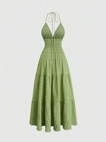 Sweetra Robe de vacances décontractée pour femmes grandes tailles, couleur unie, dos nu, col licou - Vert menthe - Voir 2