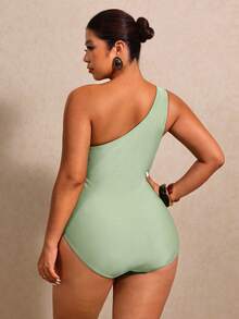 Elaquor Plus Size Women's Solid Color Ruched One Shoulder One-Piece Swimsuit, Suitable For Beach Vacation, Pool Party, Beach Party - Mint Green - View 2