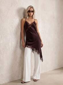 Sinnesro Spring/Summer Lace Satin Top, Casual Vacation Style, Vintage, Commuting Night Out, Sexy Home, Petite Women Shades Of Brown - Rust Brown - View 8