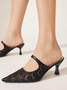 CUCCOO CHICEST Black Lace Pointed Mullers, Hollow Mesh Kitten And Slippers, Workplace Dating Party Slim High Heels - Black - View 2