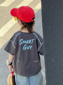 DAZY Loose Graphic Print Short Sleeve Casual T-Shirt For Young Boys Summer - Dark Grey - View 1