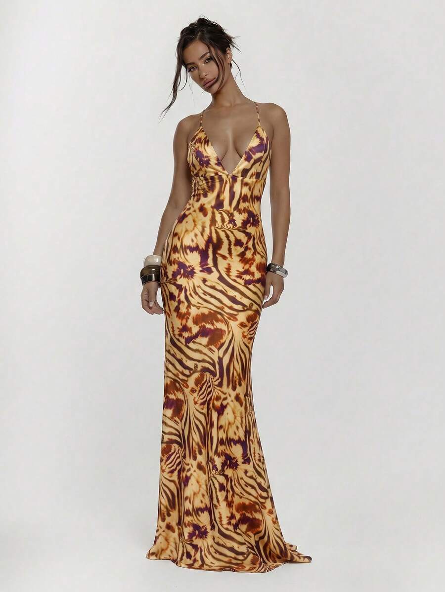 MUSERA Lace Up Front Cup Detail Fitted Animal Print Maxi Dress Sexy Going Out Vacation Autumn Fall Night Out Cute Streetwear Party Elegant Spring Summer - Orange - View 1