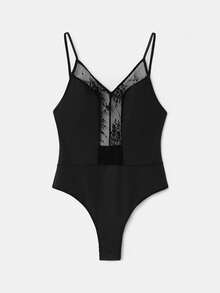 lacRébo Black Lace Bodysuit - V Neckline With Sheer Lace Panel And Spaghetti Straps - Black - View 5