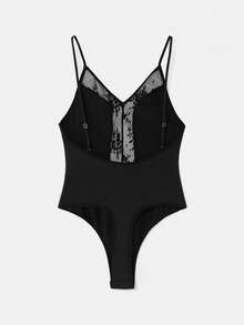 lacRébo Black Lace Bodysuit - V Neckline With Sheer Lace Panel And Spaghetti Straps - Black - View 6