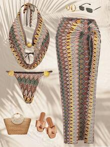 Swim Oasis Women's 2026 Spring/Summer Faux Crochet Shell Metal Decor Draped Neck Backless Lace-Up Triangle Bikini Bottom Long Skirt 3 Pieces Set Beach Sage Green - Multicolor - View 3