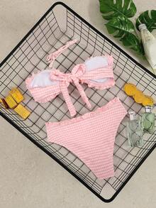 Elavelle Women's Spring/Summer Jacquard Fabric Spaghetti Strap Lace-Up Lace Bikini Set Beach Pink Cute Elegant Modest Tropical - Pink - View 4