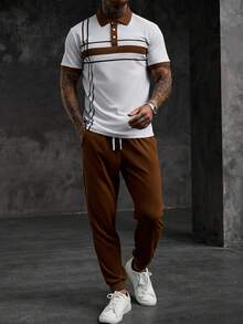Manfinity CasualCool 男士拼色短袖 Polo 衫與長褲休閒日常穿搭套裝 - 白色 - 查看 5