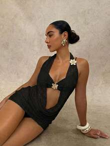 Swim Glamine Conjunto de traje de baño con decoración metálica para vacaciones en la playa para mujer - Negro - Ver 1