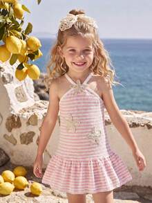 SHEIN Elladie kids 女童 YK2 夏季韓風新款甜美細肩帶露背彩虹條紋可愛度假洋裝 - 粉色 - 查看 4
