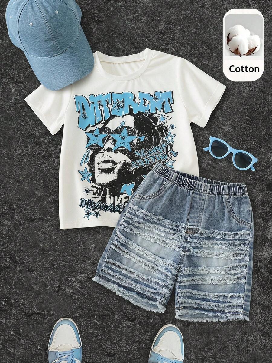 SHEIN 兒童青少年男孩/女孩,青少年男孩 2件組春季/夏季休閒時尚街頭風圖案短袖T恤與牛仔短褲套裝,青少年男孩套裝,夏季服裝,街頭風,牛仔,牛仔褲 - 藍色 - 查看 1