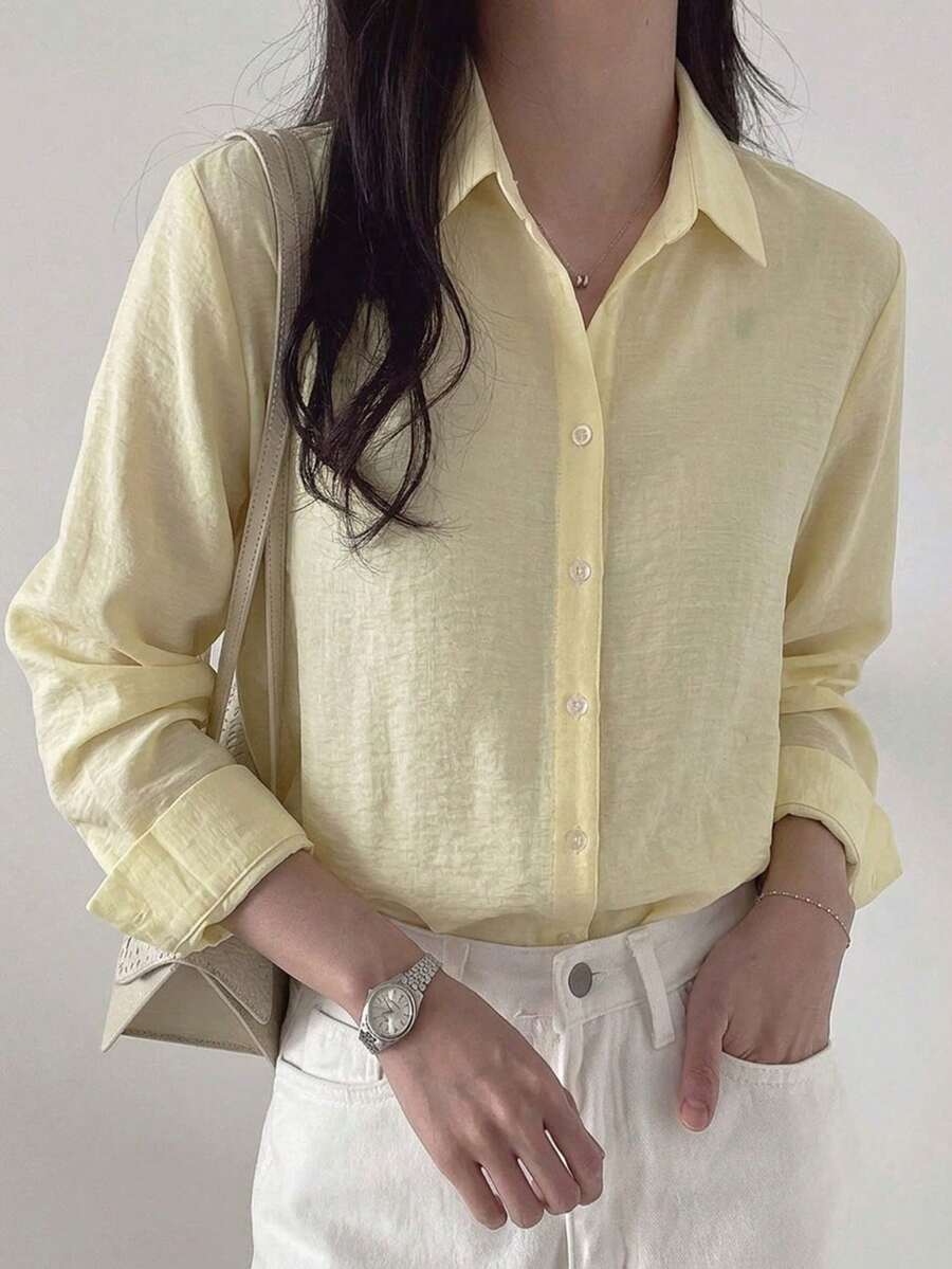 DAZY 女款素色單排扣商務休閒長袖襯衫 - 黃色 - 查看 1