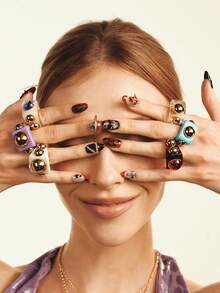 Popjeli 3 piezas 1 set de anillos cuadrados de resina personalizados con ojo de diablo, joyería de mujer de estilo punk de verano apilada y neutra, adecuada para fiestas y vacaciones - Multicolor - Ver 3
