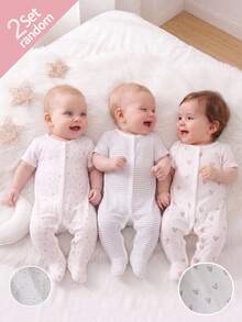 [2pcs/Set] Newborn Soft & Comfortable Romper Pajamas, Heart & Floral Print, Short Sleeve Footed Design - Multicolor - View 1