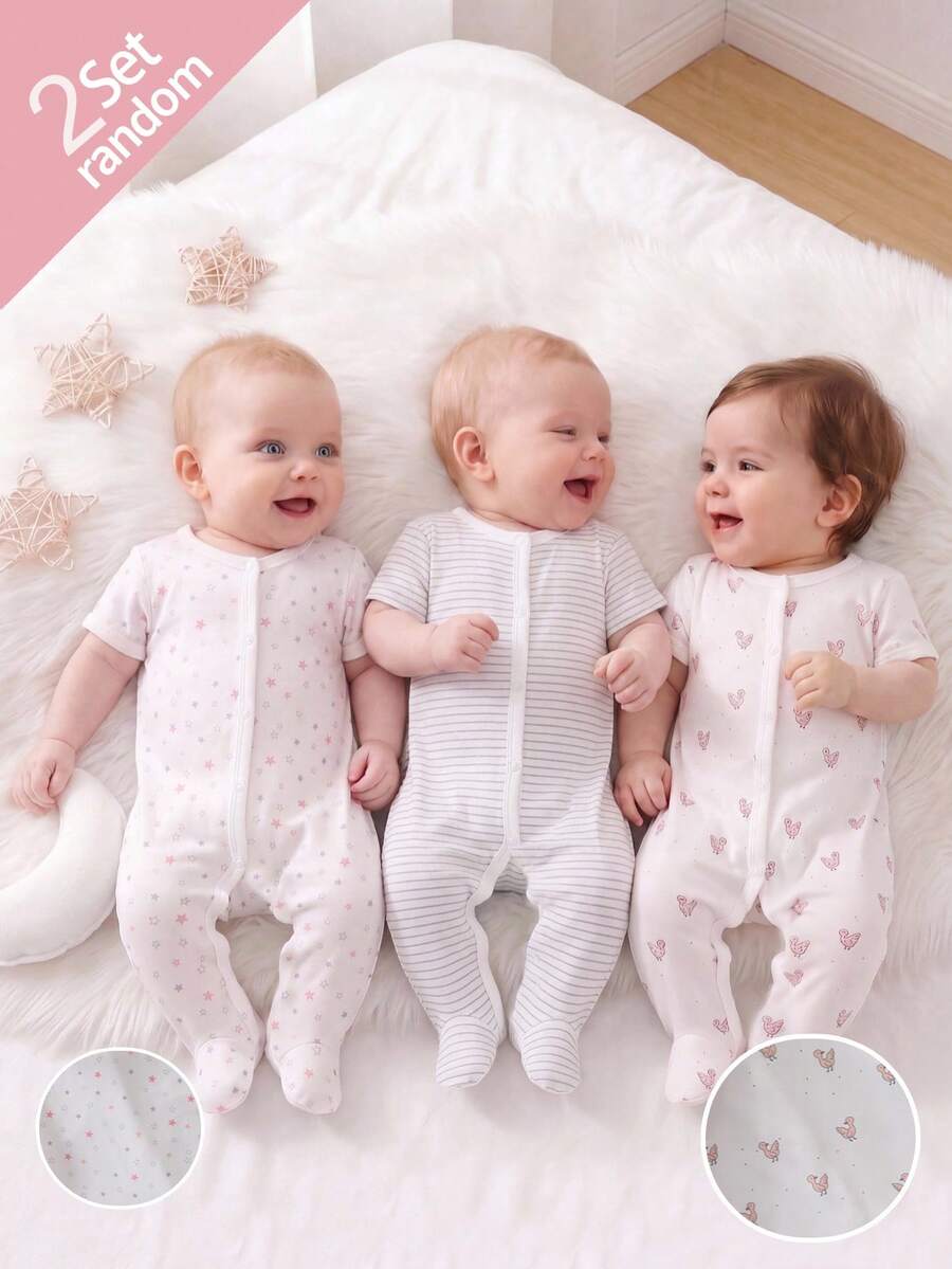 [2pcs/Set] Newborn Soft & Comfortable Romper Pajamas, Heart & Floral Print, Short Sleeve Footed Design - Multicolor - View 1