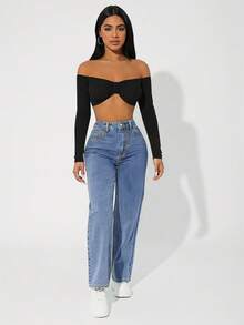 SHEIN PETITE Women's High Waist Pockets Straight Loose Casual Versatile Jeans - Medium Wash - View 5