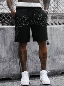 SLATEMANN Men's Drawstring Waist Pocket Letter Print Casual Versatile Daily Travel Shorts - Black - View 4