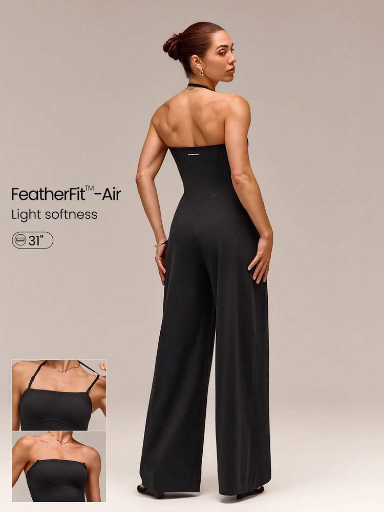 31" Quick-Dry Glow Motion Wide Leg Halter Anti-Slip Jumpsuit With Detachable Adjustable Shoulder Straps Removable Cups Low Impact Daily Casual Wear