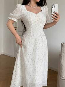 Feyla Women's Polka Dot Print Short Petal Sleeve Elegant Midi Dress - Pearl White - View 4