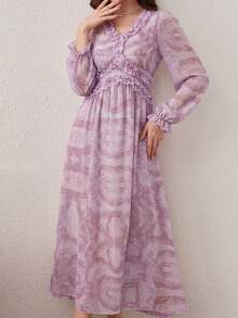 Mulvari 女款流暢印花荷葉邊裙擺長洋裝 女士長版晚禮服 - 紫色 - 查看 7