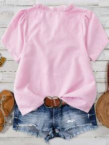 Linhara Women's Plus Size Solid Color Textured Fabric V-Neck Short Sleeve Casual Regular Shirt, Going Out Tops, Vacation, Club - Pink - View 2