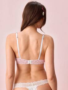 Bonmuse Women's Sweet Floral Ribbed Comfortable Bra, French Lace Trim Soft Cup Supportive Lingerie - Pink - View 3