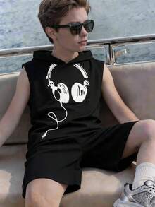 SHEIN 青少年男孩寬鬆字母圖案連帽衫與短褲2件套 夏日穿搭 Y2K 度假風 SS26 街頭風 酒紅色 假日復古波希米亞 節慶草地派對 可愛 生日 男孩端莊休閒 - 黑色 - 查看 6