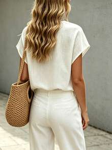 SHEIN Holidaya EMERY ROSE Breezaya Women's Off-White Summer Casual Vacation V-Neck Shirt,Elegant Spliced Lace Trim Bamboo Texture Drop Shoulder Blouse Commute Tops - White - View 2