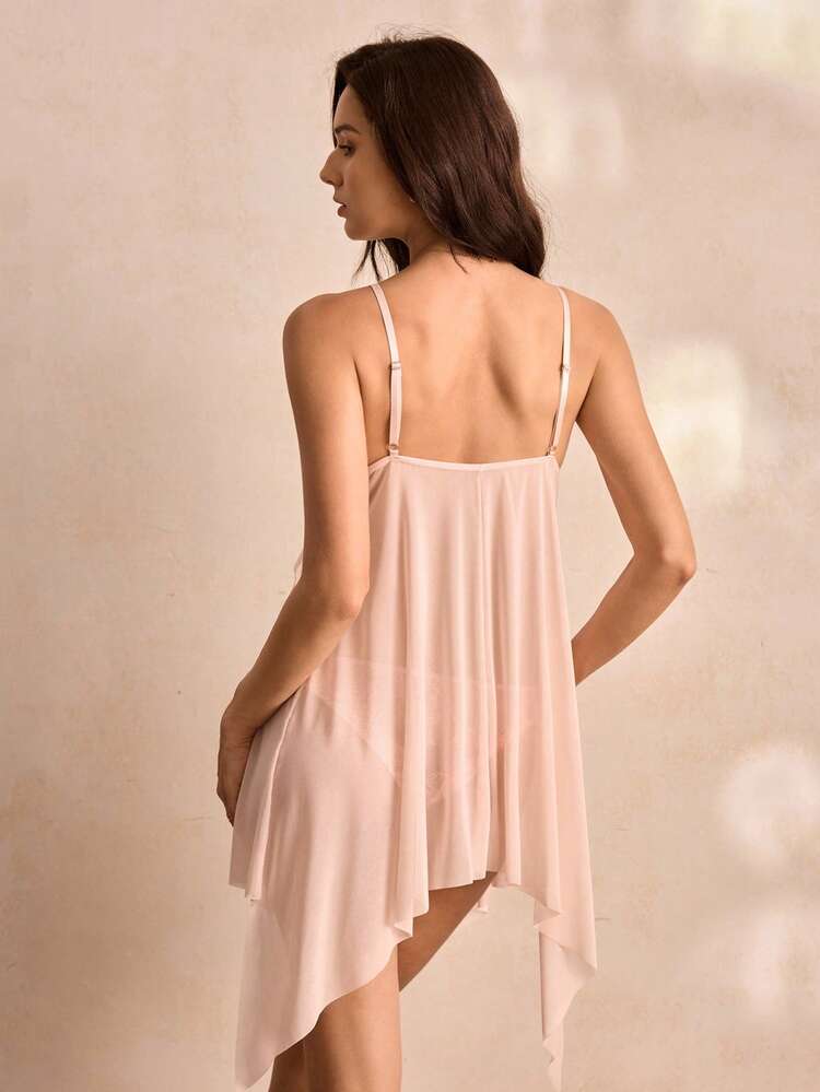SHEIN Váy ngủ nữ gợi cảm màu hồng ren dây đeo bướm cho hẹn hò - Hồng - Xem 2