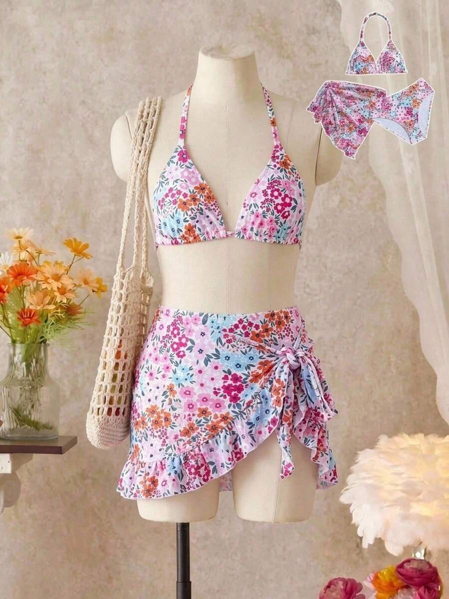 SHEIN 青少年女孩碎花比基尼套裝，粉色/紅色/黃色碎花圖案掛脖式泳衣上衣配可調節肩帶，碎花三角泳褲，碎花網紗圍裙，加墊保守舒適泳衣，適用於音樂節、游泳、泳池、衝浪、度假、假日、新年、春假、海灘