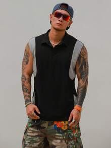DAZY 男士無袖POLO領黑灰配色拼接對比T恤 - 彩色 - 查看 5