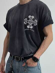 DAZY Summer Pattern Letter Print Washed Distressed T-Shirt Graphic Tees Men - Black - View 6