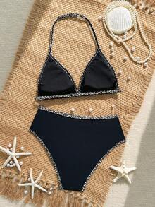 SHEIN Teen Girls' 2-Piece Black Bikini Swimsuit Set, Fashionable Two-Piece Swimwear For Beach Party - Multicolor - View 2