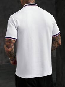EGENSIO Men's Knitted Jacquard Textured Horse Embroidered Collar & Cuff Ribbed 2-Button Polo Shirt, Formal - White - View 2