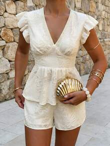 Lucivie Women's Elegant White Summer Tea Party Short Set,Lace Texture V Neck Flutter Sleeve Peplum Top And Shorts,Casual Vacation Ready Beach Resort Outfits - Apricot - View 1