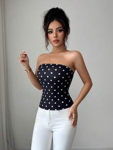SHEIN Elenzya 女款夏季性感對比蕾絲波點印花修身上衣 - 黑與白 - 查看 3