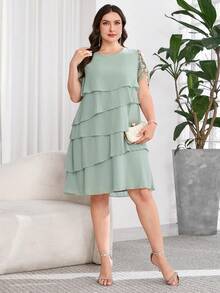 Reflora Đầm nữ size lớn màu xanh xám mùa hè thanh lịch cho khách mời đám cưới, cổ tròn, gấu xếp ly nhiều lớp, trang phục dạ hội sang trọng cho tiệc chính thức và lễ tốt nghiệp - màu xanh lá - Xem 3