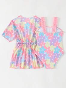 Set Baju Renang Terusan Bayi Perempuan Motif Bunga untuk Liburan, Termasuk Atasan Penutup dengan Tali Pengikat - MultiWarna - View 2