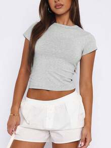 INAWLY Women's Solid Color Round Neck Short Sleeve Casual Versatile T-Shirt Everyday Light Grey Summer House - Light Grey - View 3