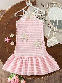 SHEIN Elladie kids 女童 YK2 夏季韓風新款甜美細肩帶露背彩虹條紋可愛度假洋裝 - 粉色 - 查看 5